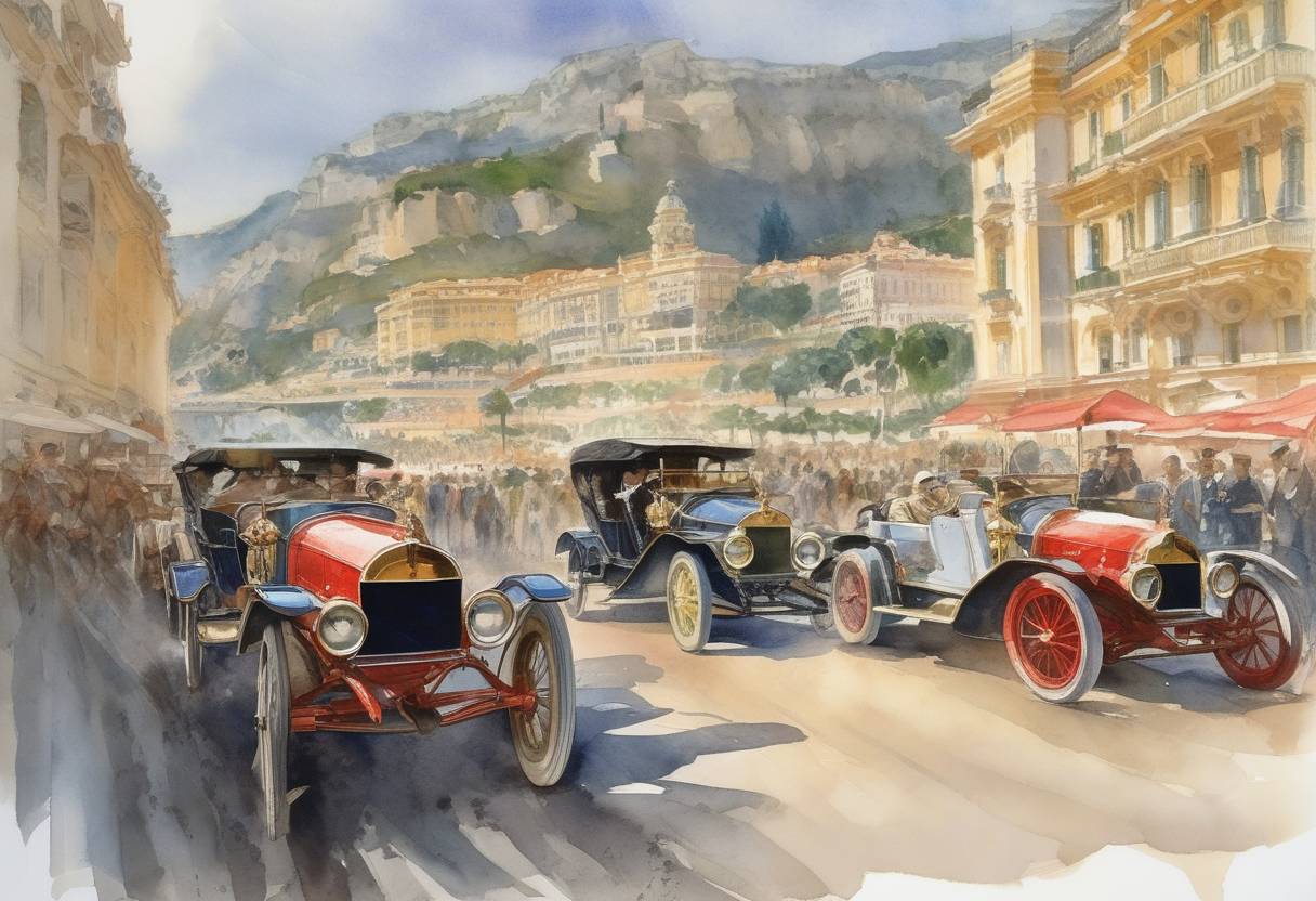 Watercolor painting based depiction of The first Monte Carlo Rally took place, establishing a tradition in motorsport. (1911)