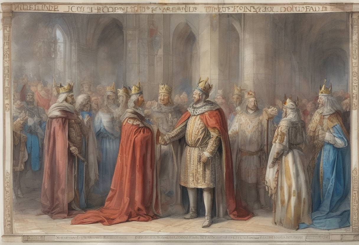 Watercolor painting based depiction of Conrad II was crowned King of Burgundy, consolidating his rule over the Kingdom of Burgundy. (1032)