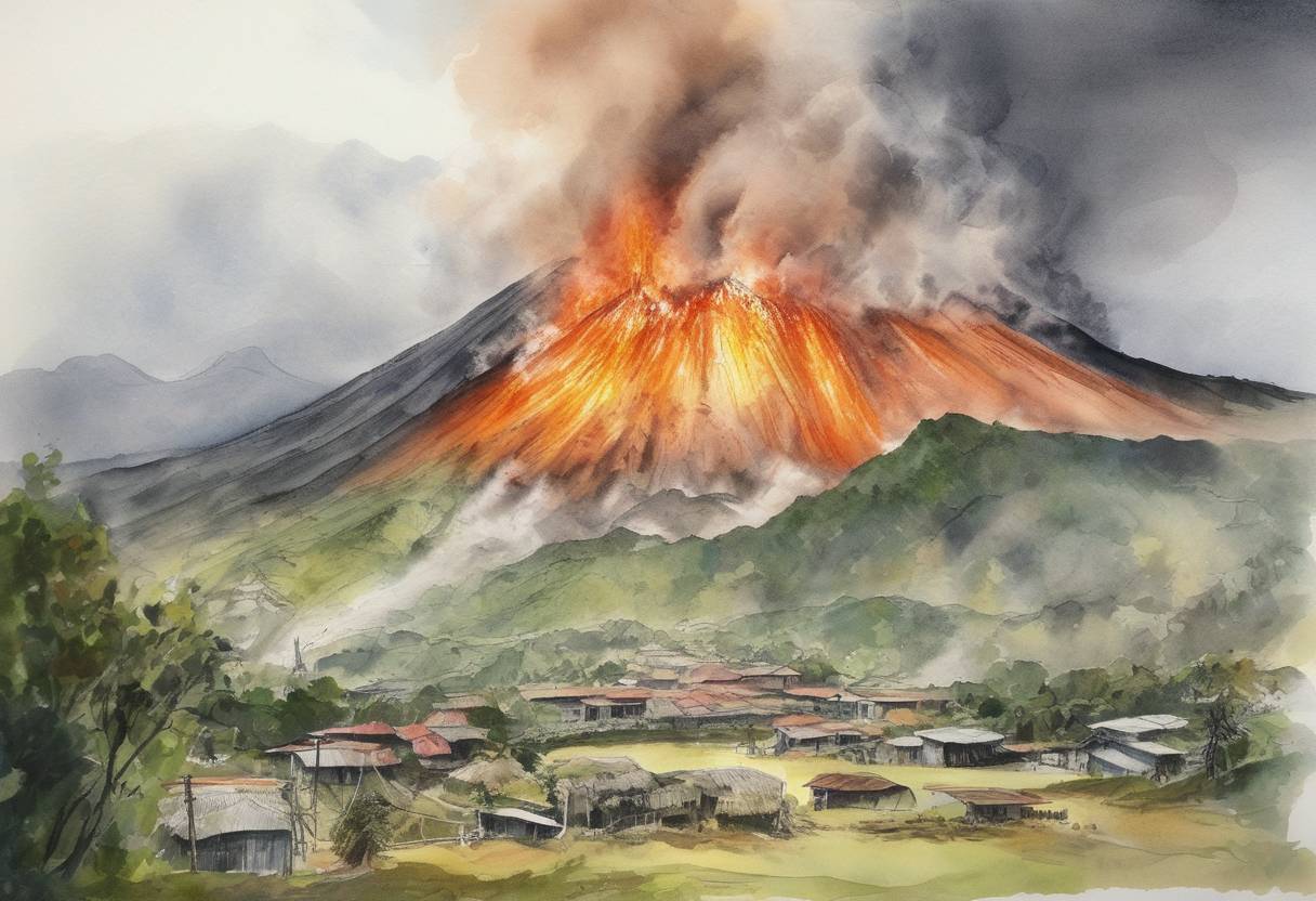 Watercolor painting based depiction of The Nevado del Ruiz volcano erupts in Colombia, causing a lahar that buries the town of Armero and kills approximately 23,000 people. (1985)