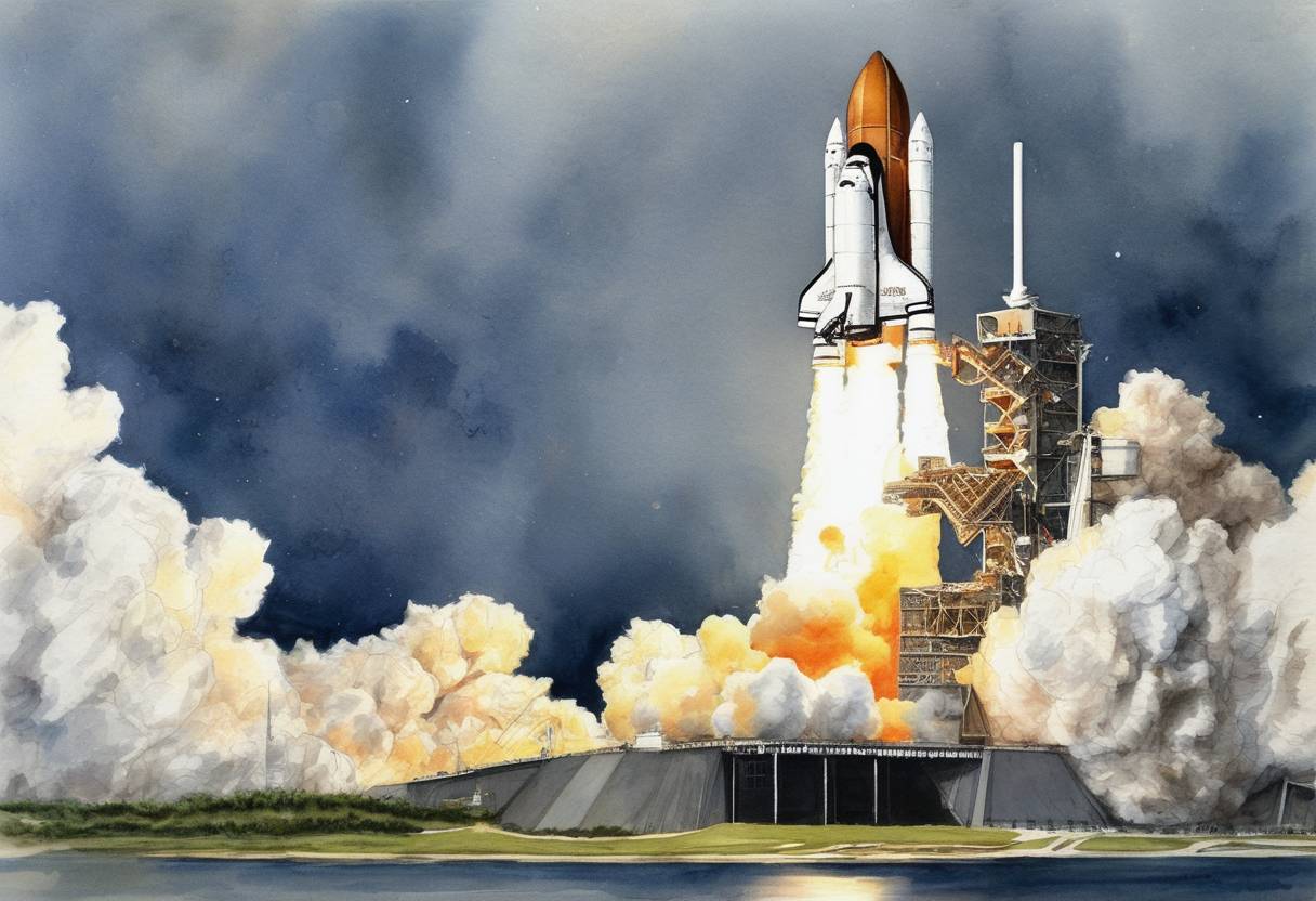 Watercolor painting based depiction of NASA launched the Space Shuttle Discovery on STS-26, marking the return to flight after the Challenger disaster in 1986. (1988)