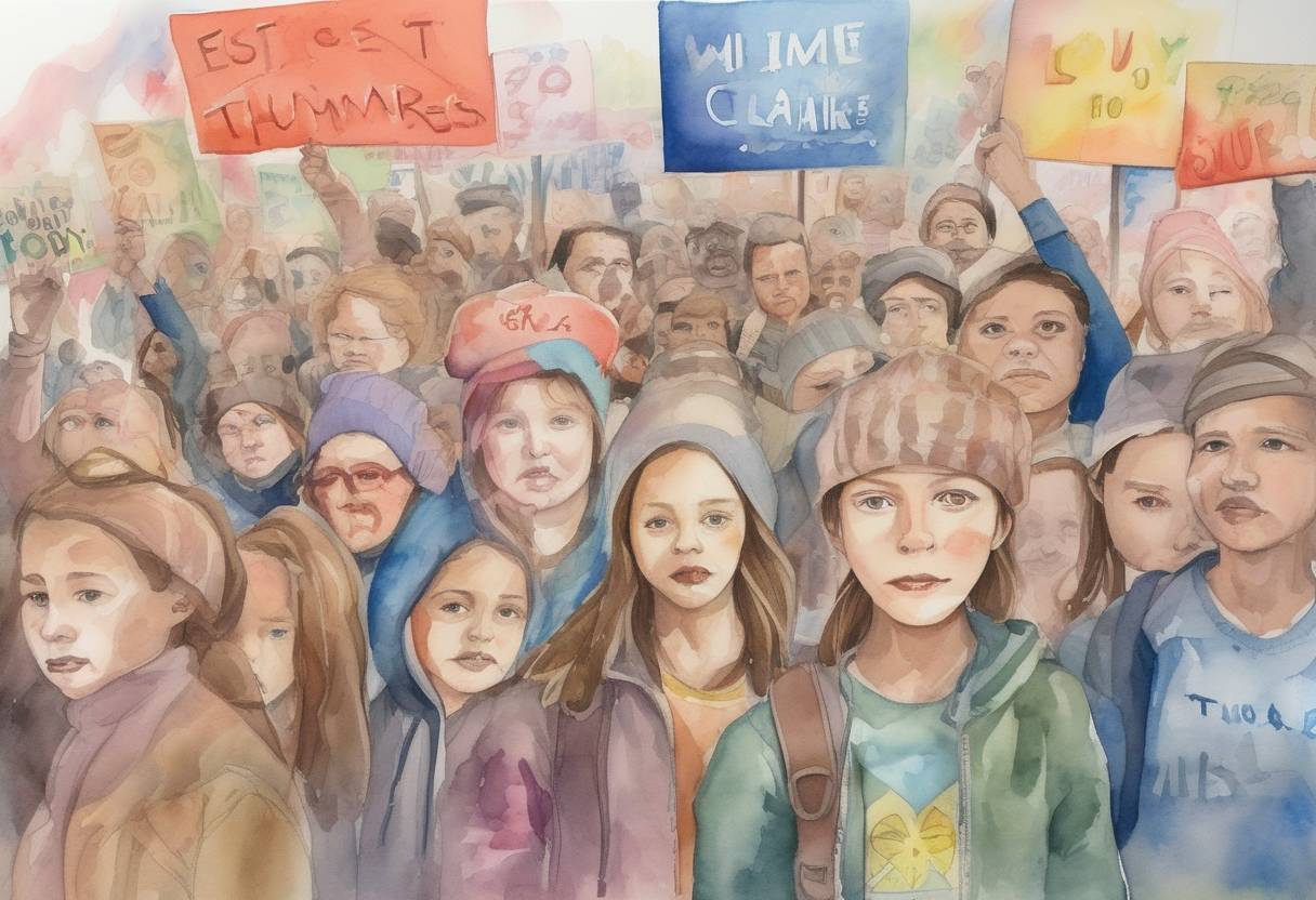 Watercolor painting based depiction of Global climate strikes take place in over 150 countries, inspired by Swedish activist Greta Thunberg, with millions of people demanding action on climate change. (2019)