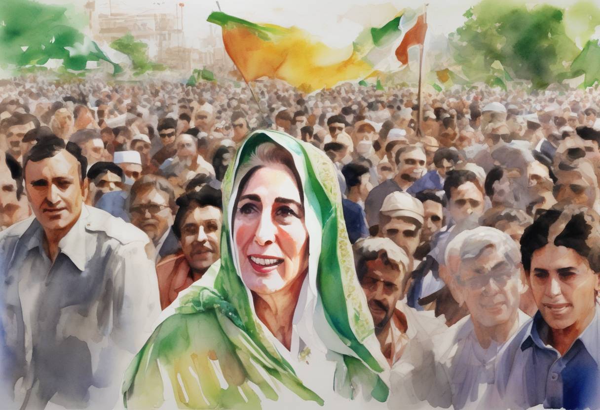 Watercolor painting based depiction of Benazir Bhutto, former Prime Minister of Pakistan, returned to Karachi after eight years of self-imposed exile. Her return was marked by a large rally, which was tragically targeted by a suicide attack, resulting in the deaths of over 130 people. (2007)