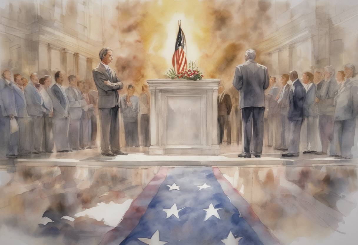 Watercolor painting based depiction of President George W. Bush declared September 14, 2001, a National Day of Prayer and Remembrance for the victims of the September 11 attacks. (2001)