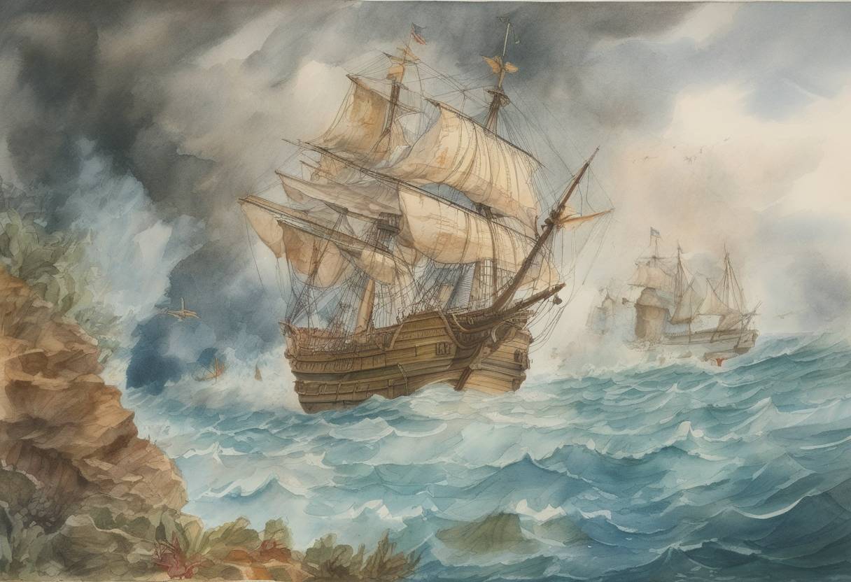 Watercolor painting based depiction of The English ship Sea Venture, en route to Virginia, is deliberately driven onto the reefs of Bermuda during a storm, leading to the colonization of Bermuda. (1609)