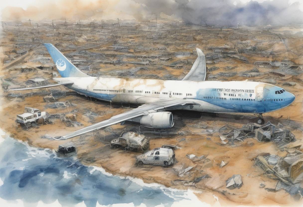 Watercolor painting based depiction of The United Nations Security Council lifted sanctions against Libya after the country accepted responsibility for the bombing of Pan Am Flight 103 over Lockerbie, Scotland, in 1988 and agreed to pay compensation to the victims' families. (2003)
