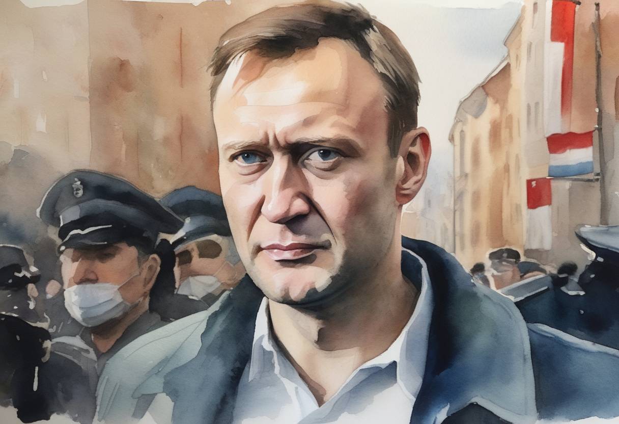 Watercolor painting based depiction of Alexei Navalny, a prominent Russian opposition leader, was arrested upon his return to Russia after recovering in Germany from a poisoning attack that occurred in August 2020. Navalny's arrest sparked widespread protests across Russia. (2021)