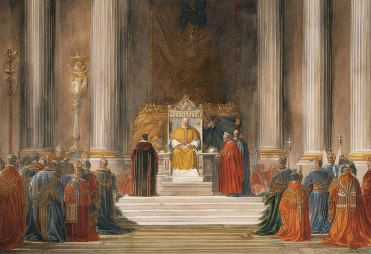 Watercolor painting based depiction of Holy Roman Emperor Otto I occupies Rome and places his candidate for pope on the papal throne. (968)