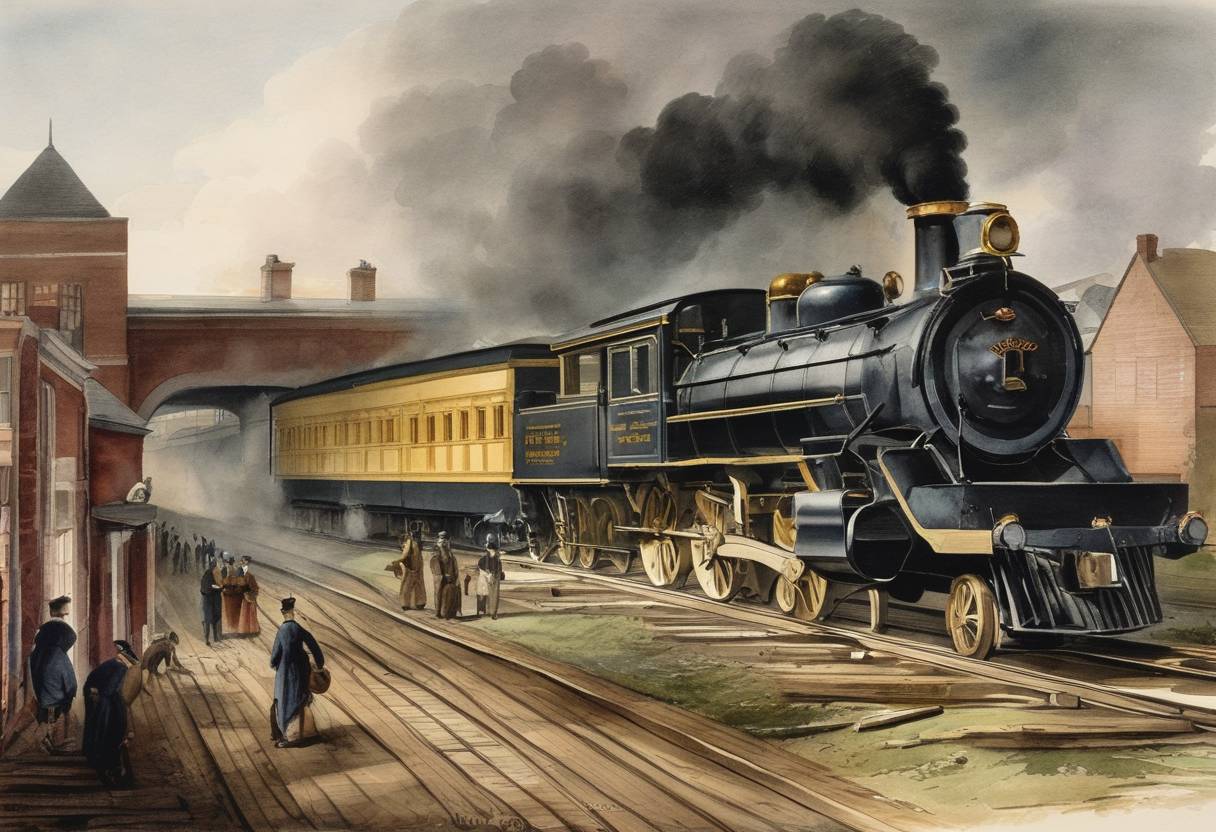 Watercolor painting based depiction of The first chartered railroad in the United States, the Baltimore and Ohio Railroad, was formally begun with a groundbreaking ceremony. (1826)