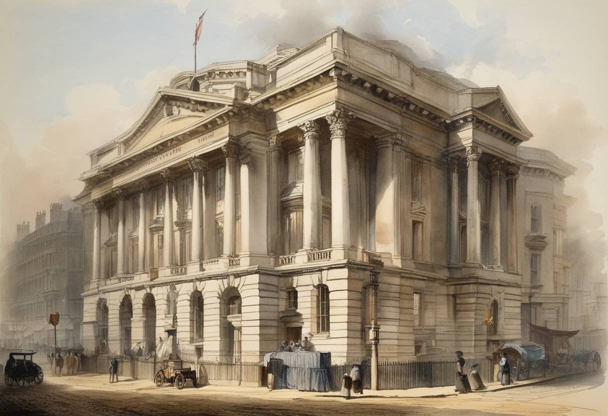 Watercolor painting based depiction of The National Bank of India was founded in London. (1863)