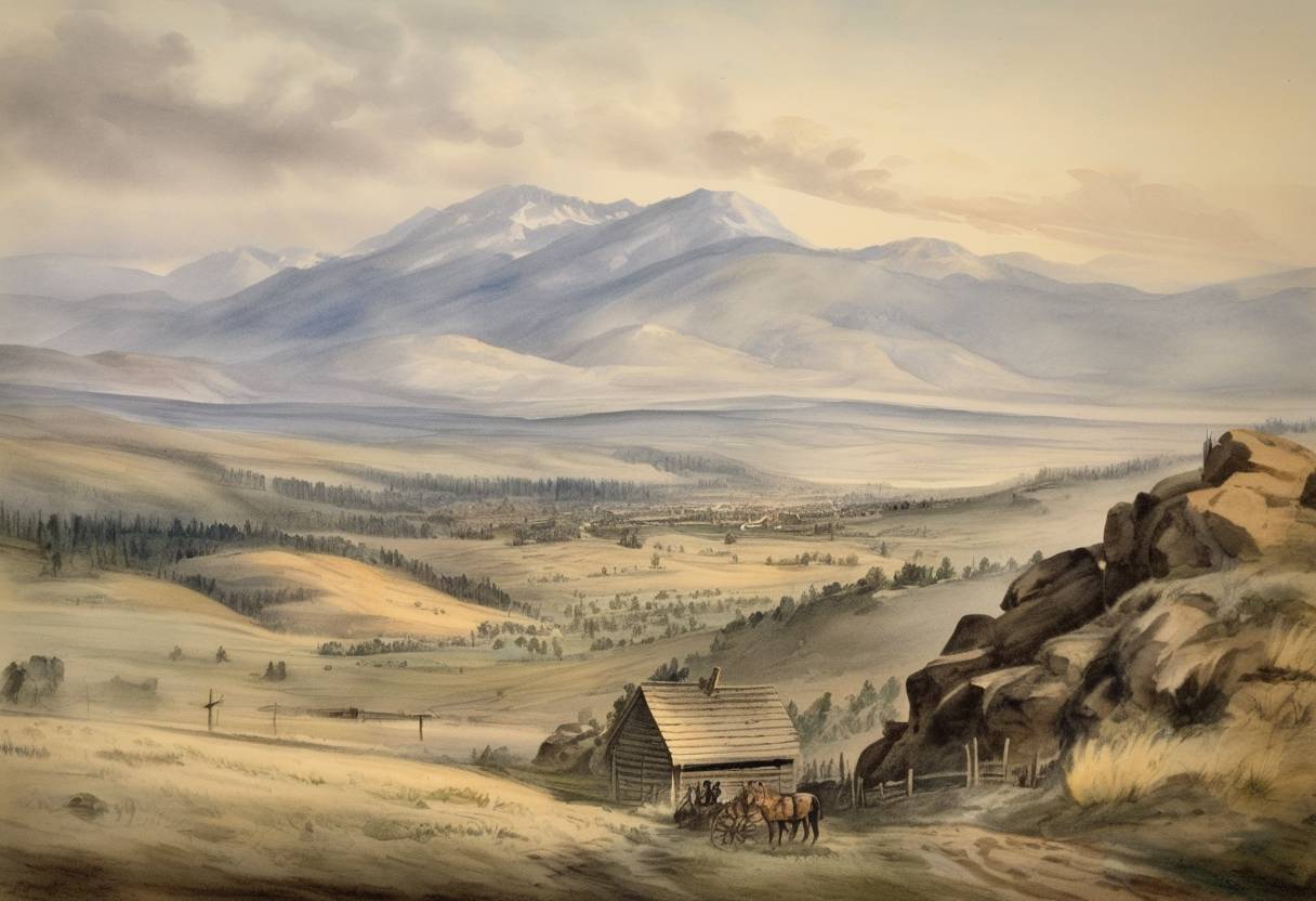 Watercolor painting based depiction of The Montana Territory was officially organized by an Act of Congress. (1864)