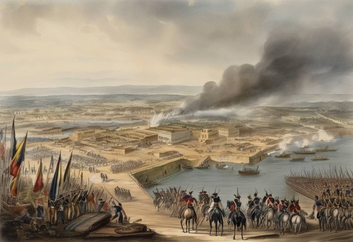Watercolor painting based depiction of The Siege of Veracruz, a pivotal event during the Mexican-American War, ended after Mexican forces in the city surrendered to the United States, leading to American control over the key port city. (1847)