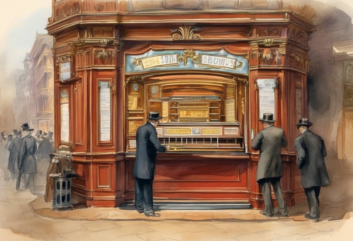 Watercolor painting based depiction of The first jukebox goes into operation at the Palais Royale Saloon in San Francisco. (1889)