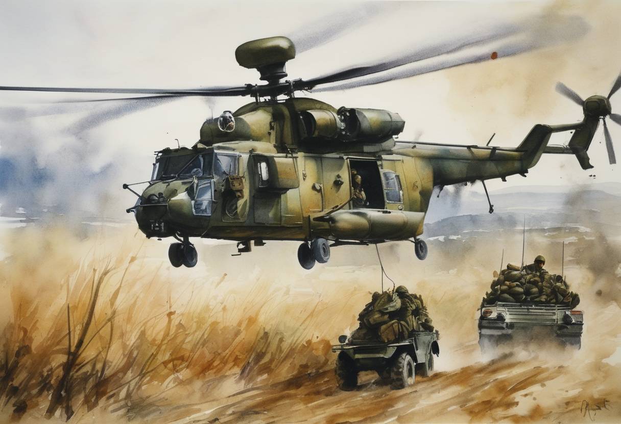 Watercolor painting based depiction of Operation Essential Harvest is authorized by NATO, with the aim of disarming ethnic Albanian insurgents in Macedonia and reducing their arms supply. (2001)