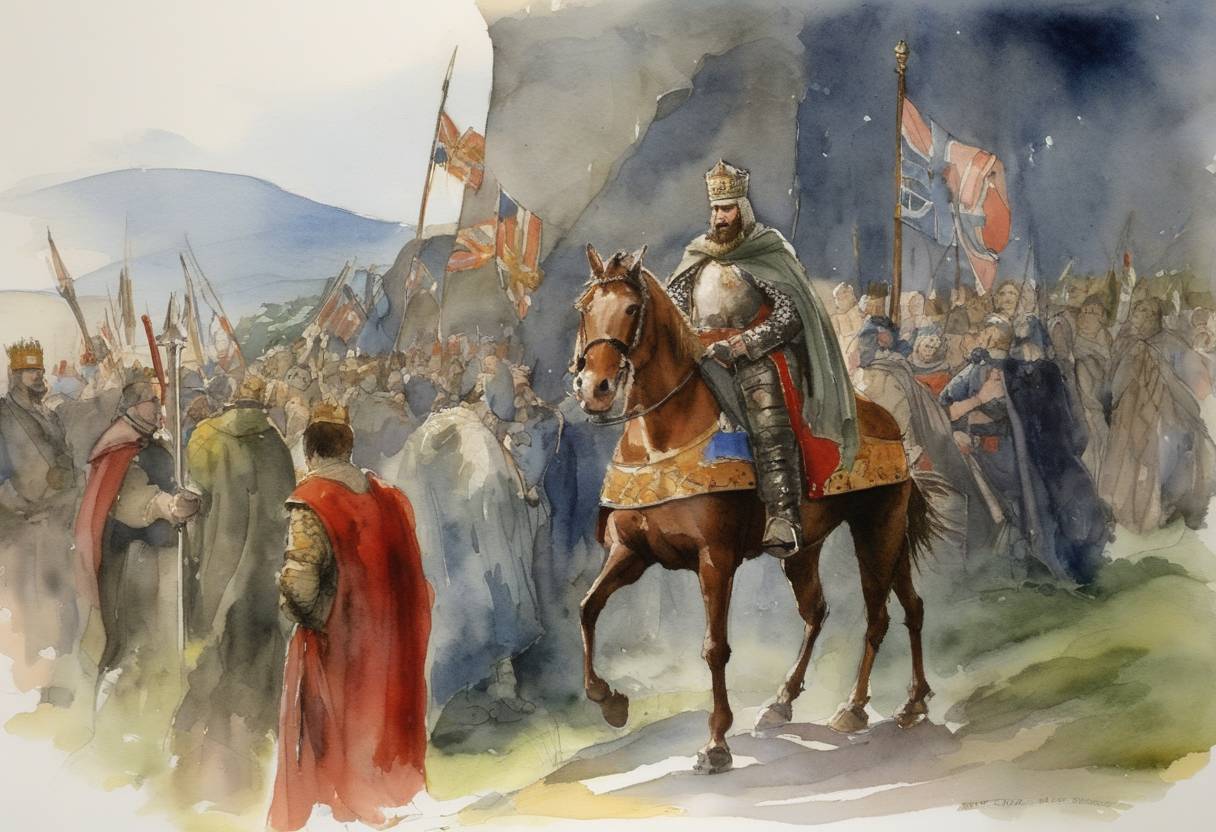 Watercolor painting based depiction of Robert the Bruce was crowned King of Scots at Scone. (1306)