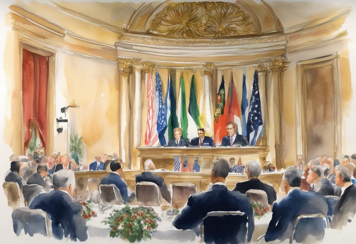 Watercolor painting based depiction of U.S. President George H. W. Bush opens the Madrid Conference to revive Israeli-Palestinian peace negotiations. (1991)