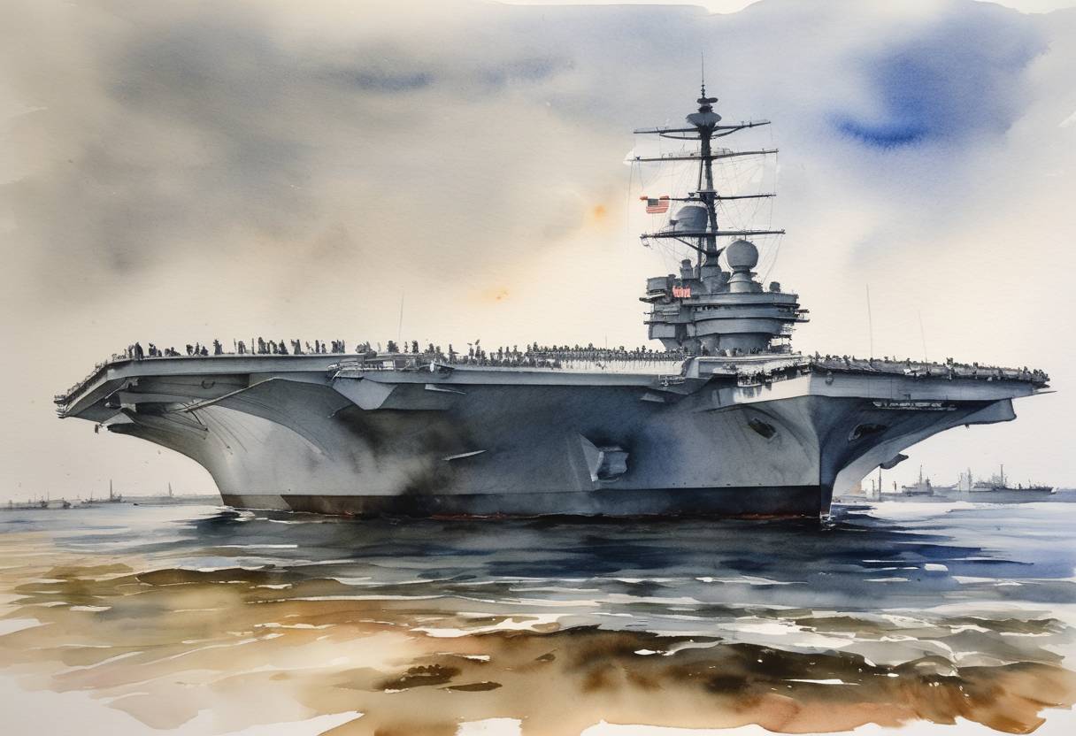 Watercolor painting based depiction of The USS Lexington is commissioned as the fifth aircraft carrier of the United States Navy, named in honor of the Revolutionary War Battle of Lexington. (1944)