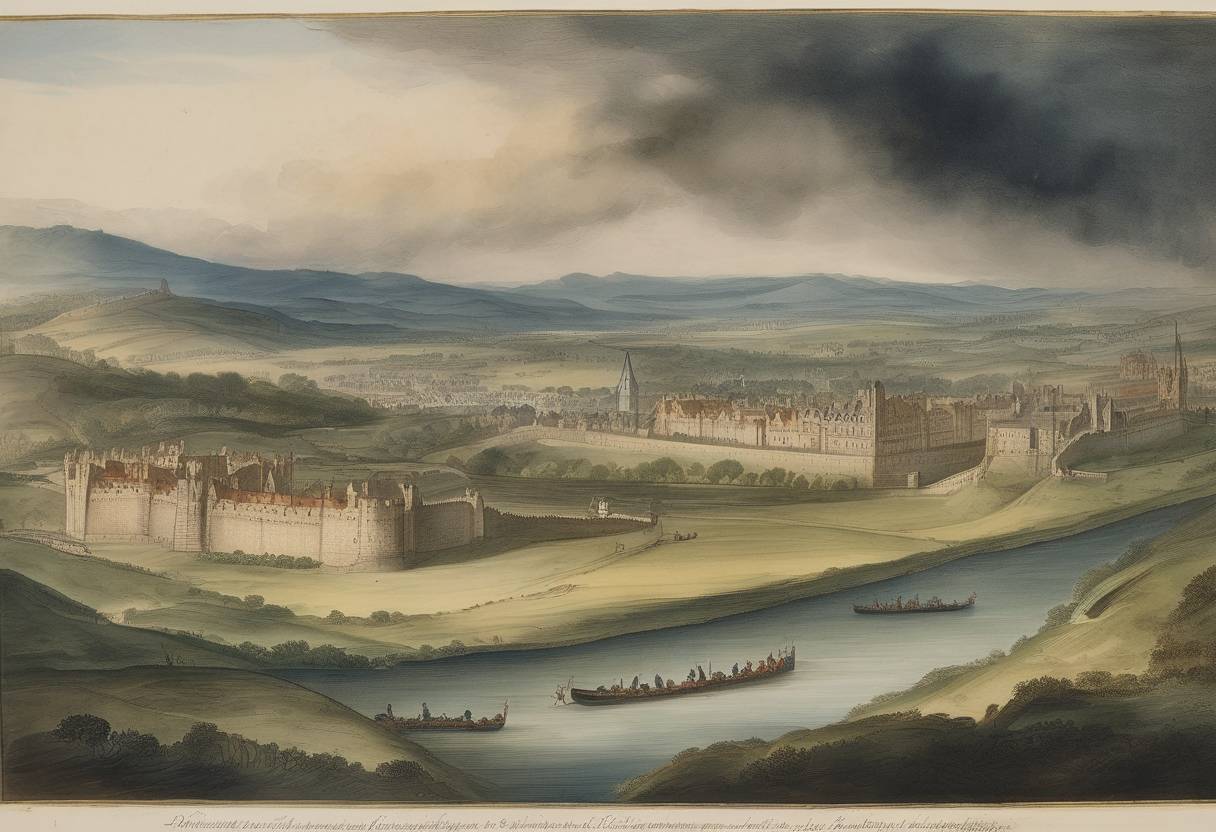 Watercolor painting based depiction of The Treaty of Edinburgh, aimed at ending the fighting between Scotland, France, and England, was signed and required French and English troops to withdraw from Scotland. (1560)