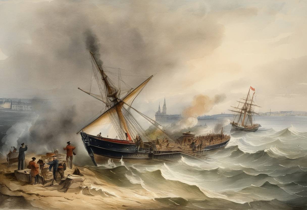 Watercolor painting based depiction of The first telegram was sent across the Atlantic cable from Paris to London, marking a significant development in communication technology. (1848)