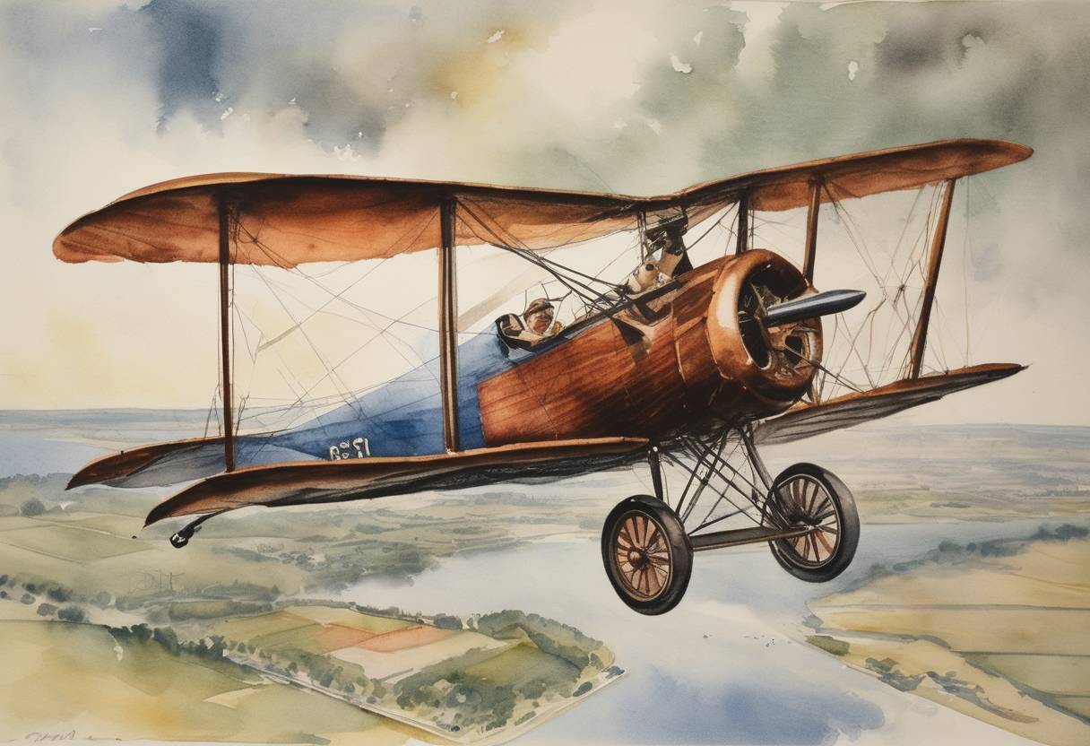 Watercolor painting based depiction of Charles Lindbergh completed the first solo nonstop transatlantic flight, landing in Paris after taking off from New York. (1927)