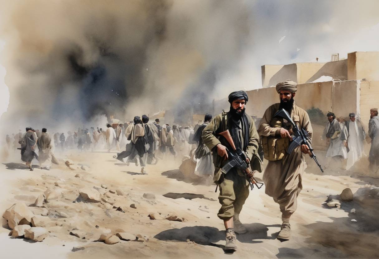 Watercolor painting based depiction of The Taliban capture Kabul, effectively taking control of Afghanistan following the withdrawal of U.S. and NATO forces. (2021)