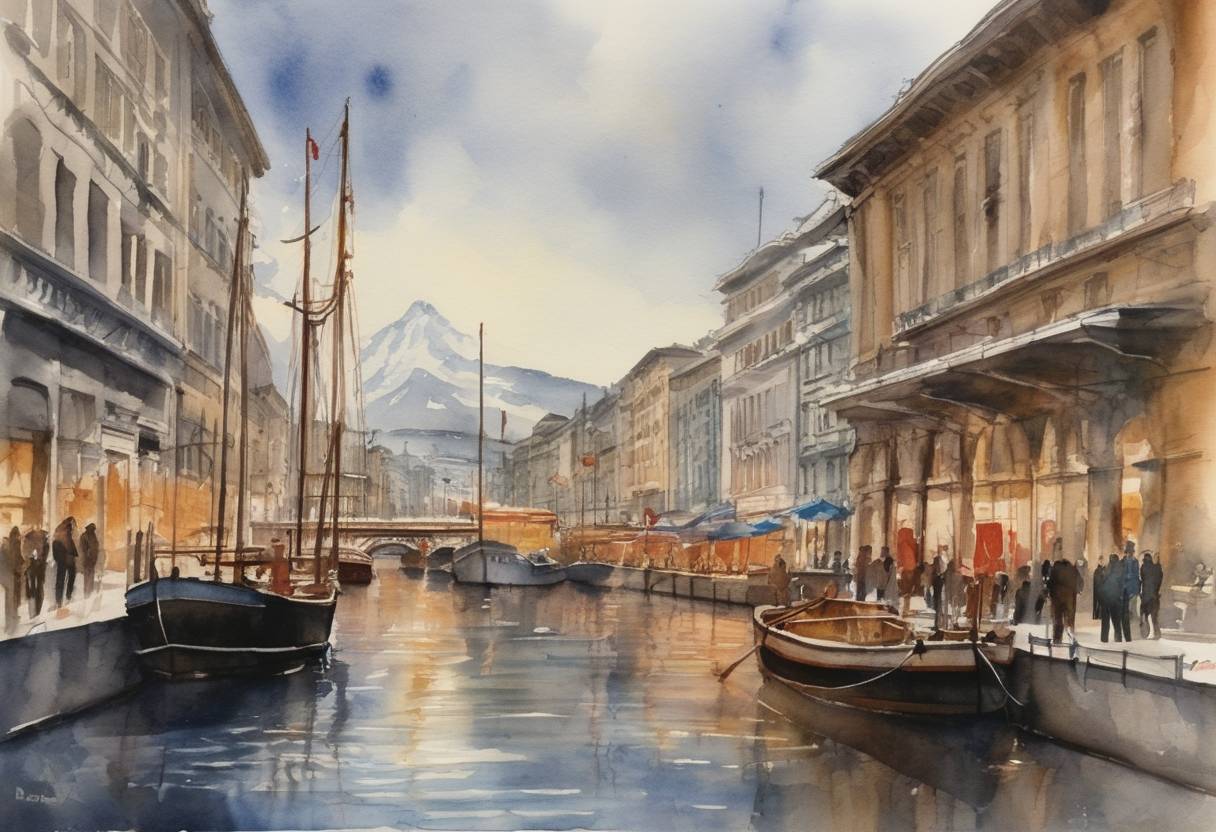 Watercolor painting based depiction of The World Trade Organization was established, marking a significant event in global trade relations. (1994)