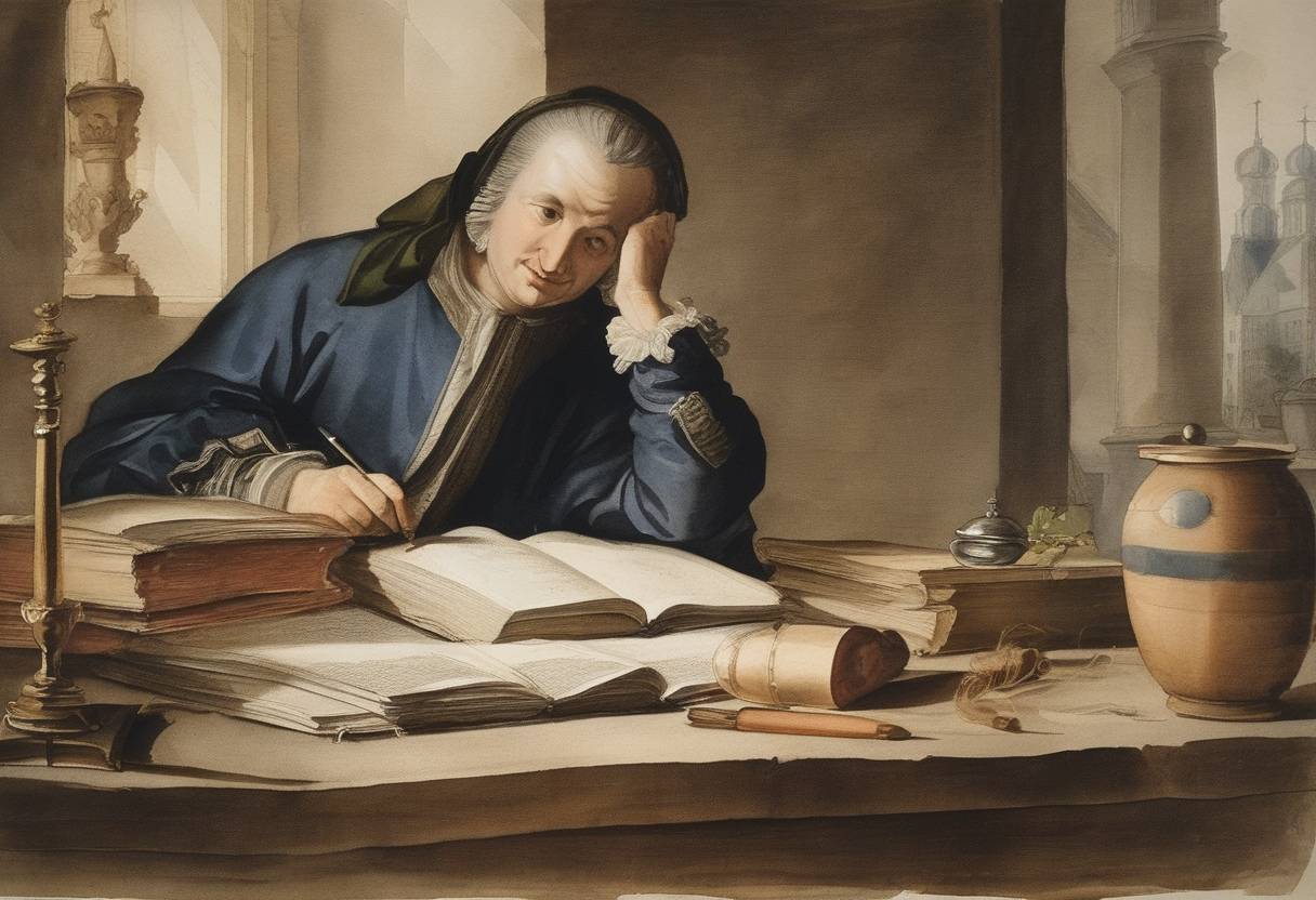 Watercolor painting based depiction of The writer Johann Rugendas, known for his work on the arts and his contributions to German literature, is born. (1707)