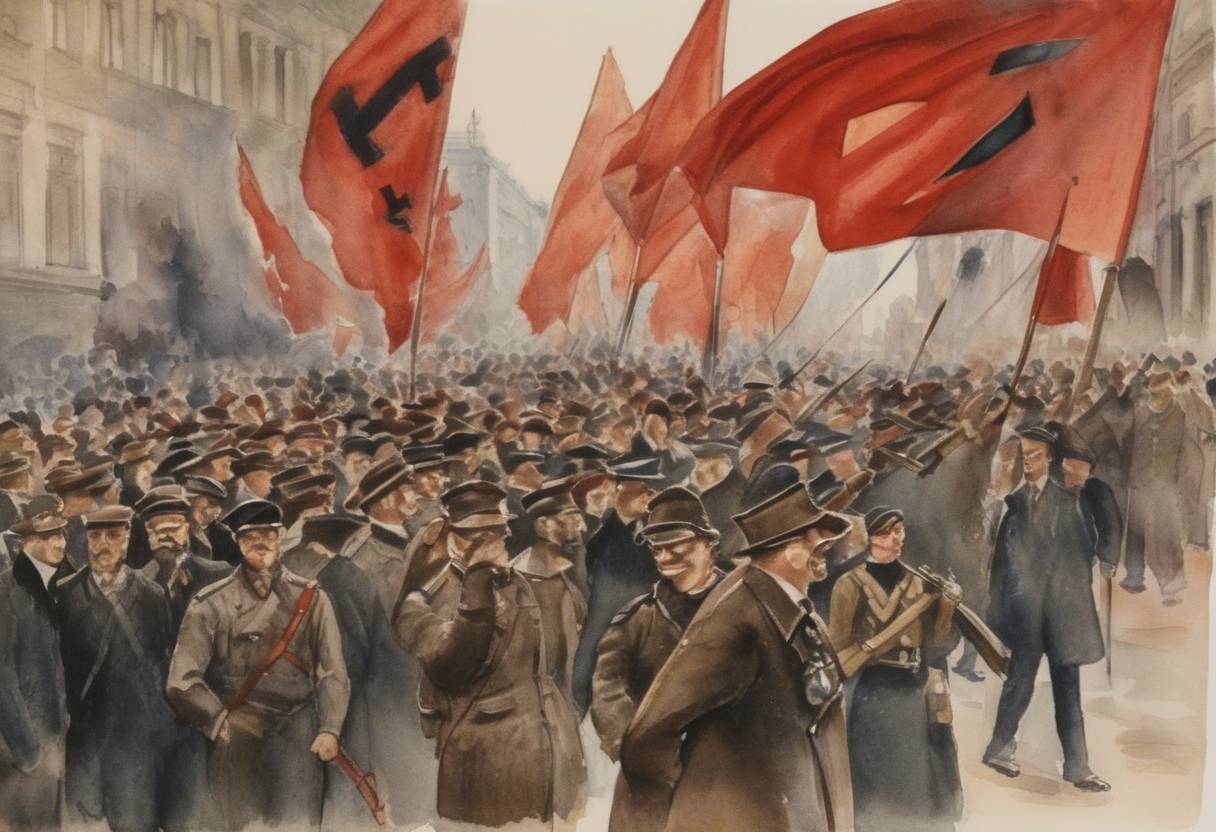 Watercolor painting based depiction of In Germany, the First Congress of the Anti-Fascist Action took place, an organization created to counter the rising threat of fascism and extreme right-wing movements. (1932)