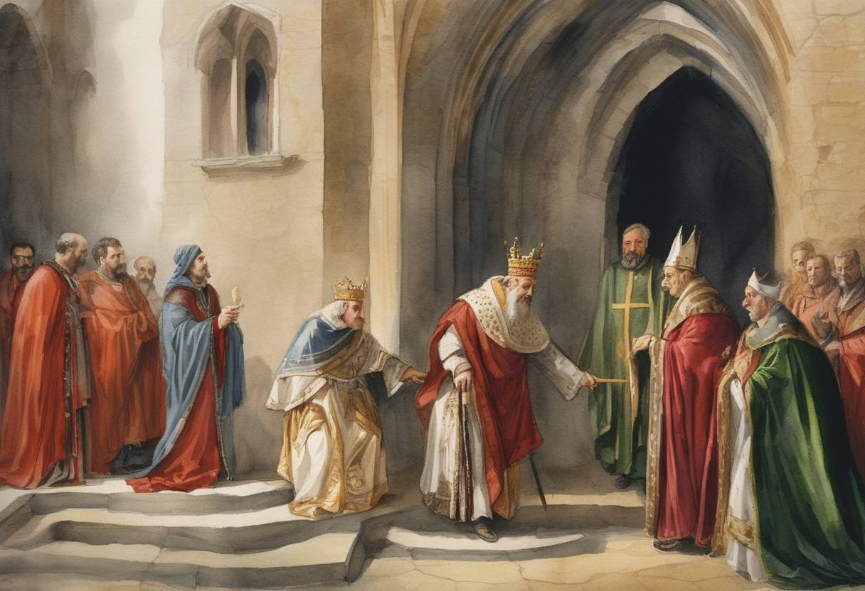Watercolor painting based depiction of Emperor Henry IV met Pope Gregory VII at Canossa and begged for forgiveness in the midst of the Investiture Controversy. This marked a pivotal point in the conflict between church and state in medieval Europe. (1077)