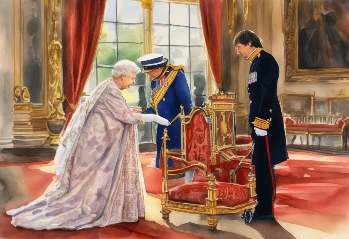 Watercolor painting based depiction of Paul McCartney is knighted by Queen Elizabeth II at Buckingham Palace for his services to music. (1997)