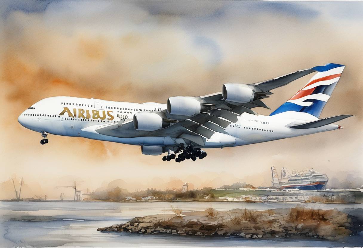 Watercolor painting based depiction of The world's largest passenger plane, the Airbus A380, made its first public appearance at an open day in Hamburg, Germany. (2005)