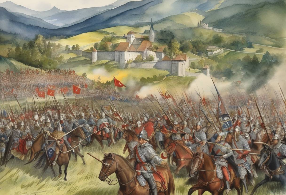 Watercolor painting based depiction of The Battle of Morgarten took place, where the Swiss Confederation achieved a decisive victory against the Habsburgs, leading to significant strengthening of the Swiss confederation. (1315)