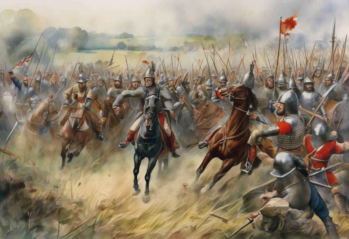 Watercolor painting based depiction of The Battle of Lincoln took place of the First English Civil War, part of The Anarchy, where Robert of Gloucester, aiding Empress Matilda, captured King Stephen of England. (1141)