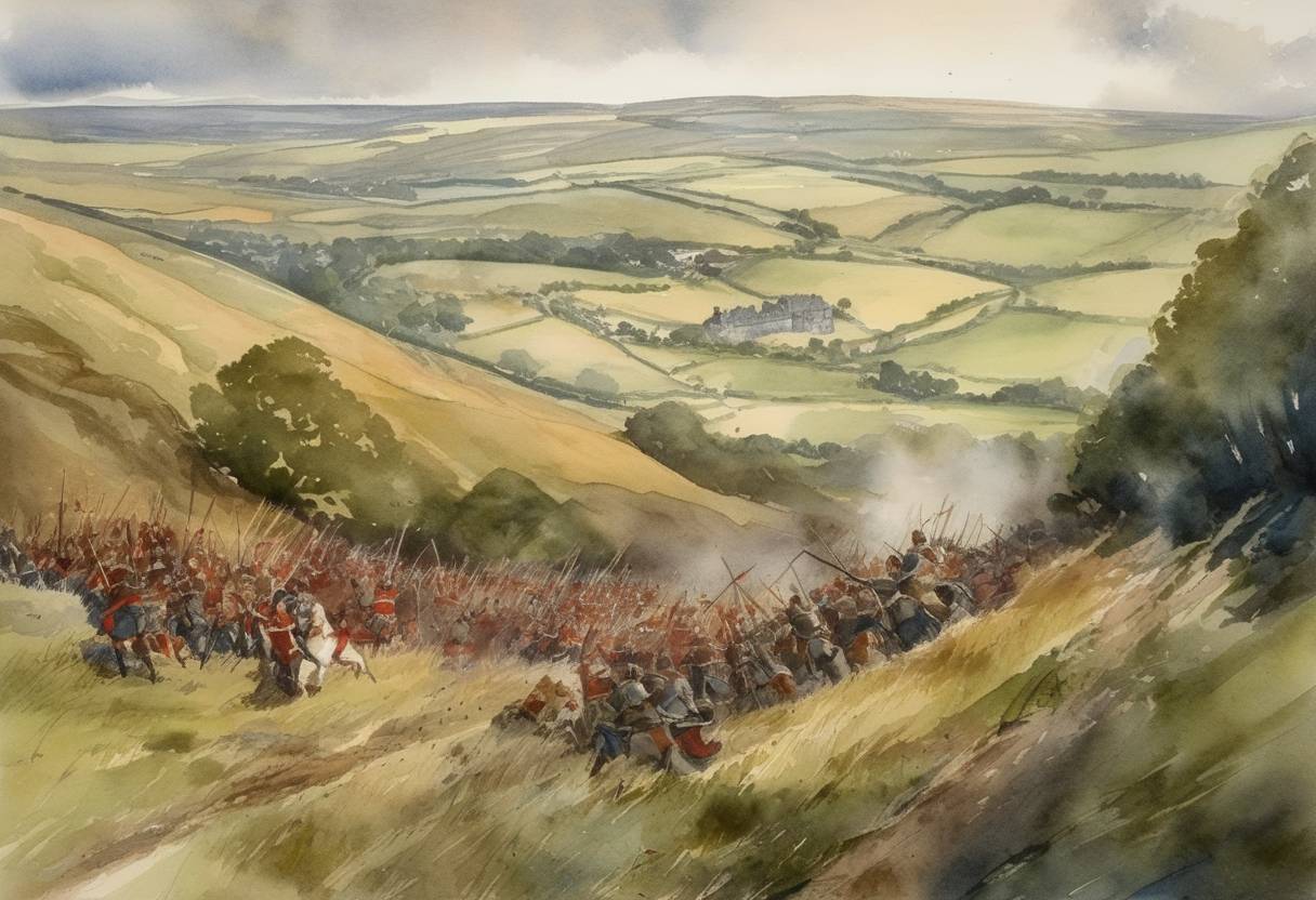 Watercolor painting based depiction of The Battle of Halidon Hill: A decisive battle of the Second War of Scottish Independence, where English forces under Edward III defeated a Scottish army near Berwick-upon-Tweed. (1333)