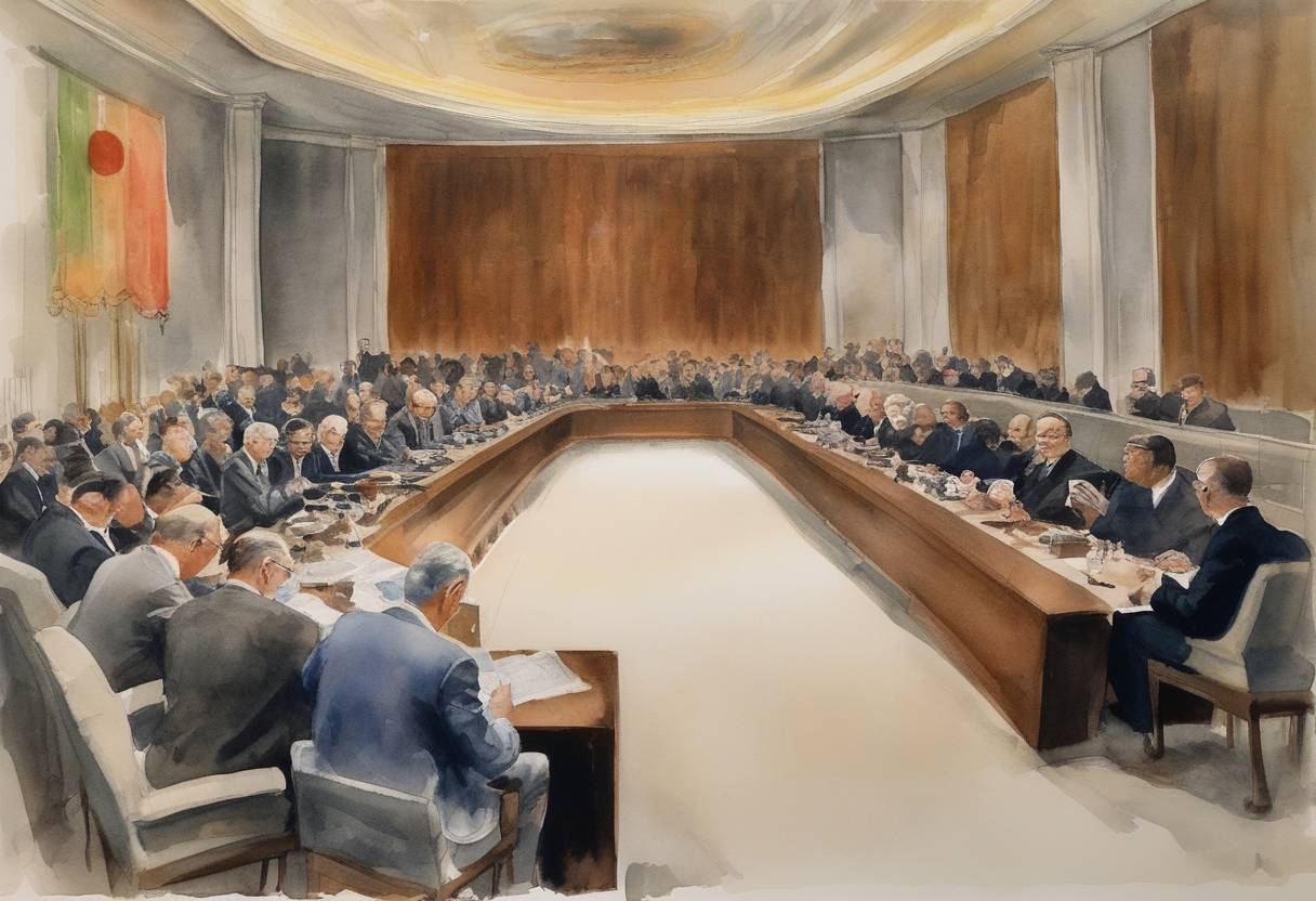 Watercolor painting based depiction of The Treaty on the Non-Proliferation of Nuclear Weapons (NPT) opened for signature. (1968)