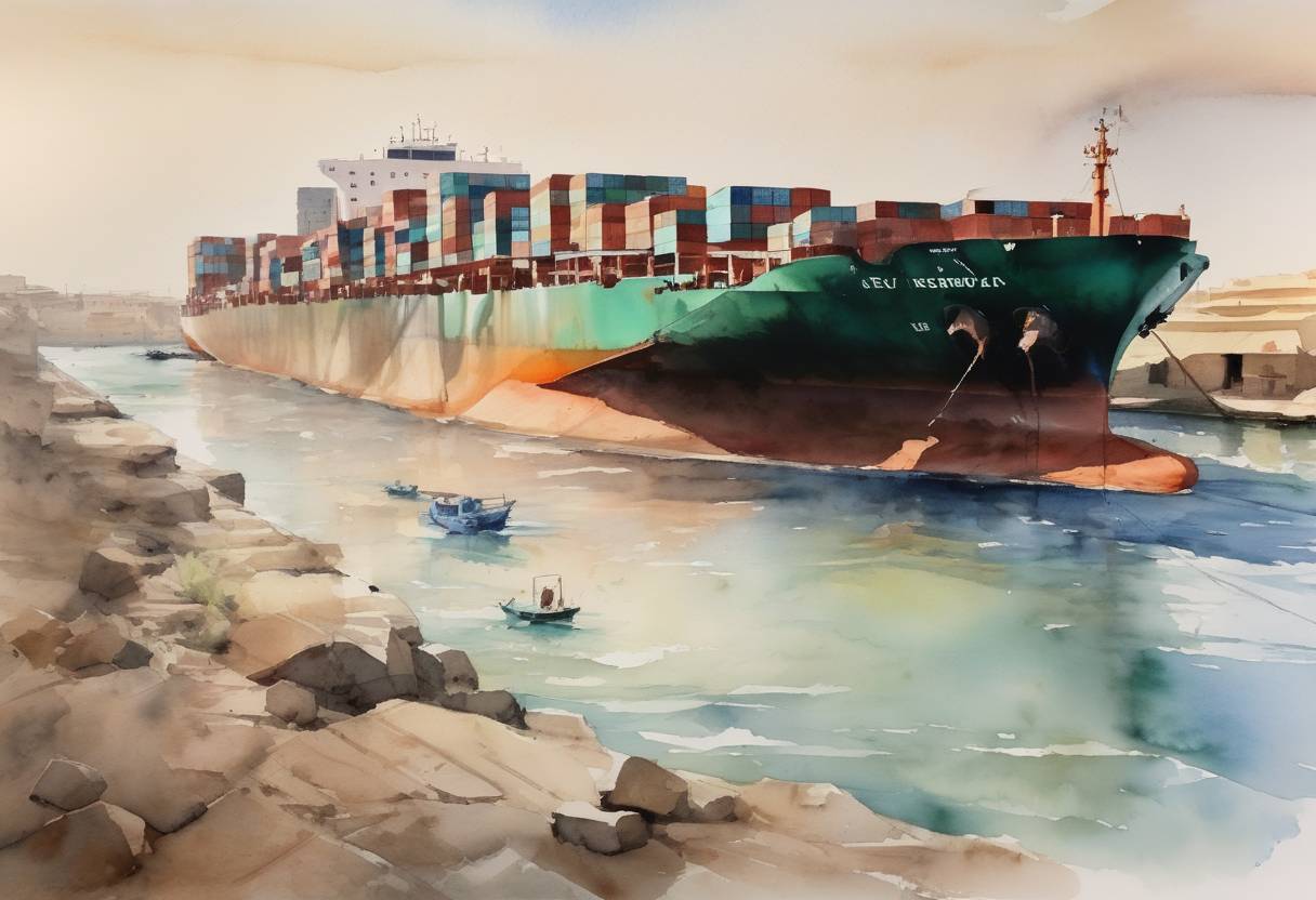 Watercolor painting based depiction of The container ship Ever Given ran aground in the Suez Canal, blocking the busy waterway for six days and causing significant disruptions to global trade. (2021)