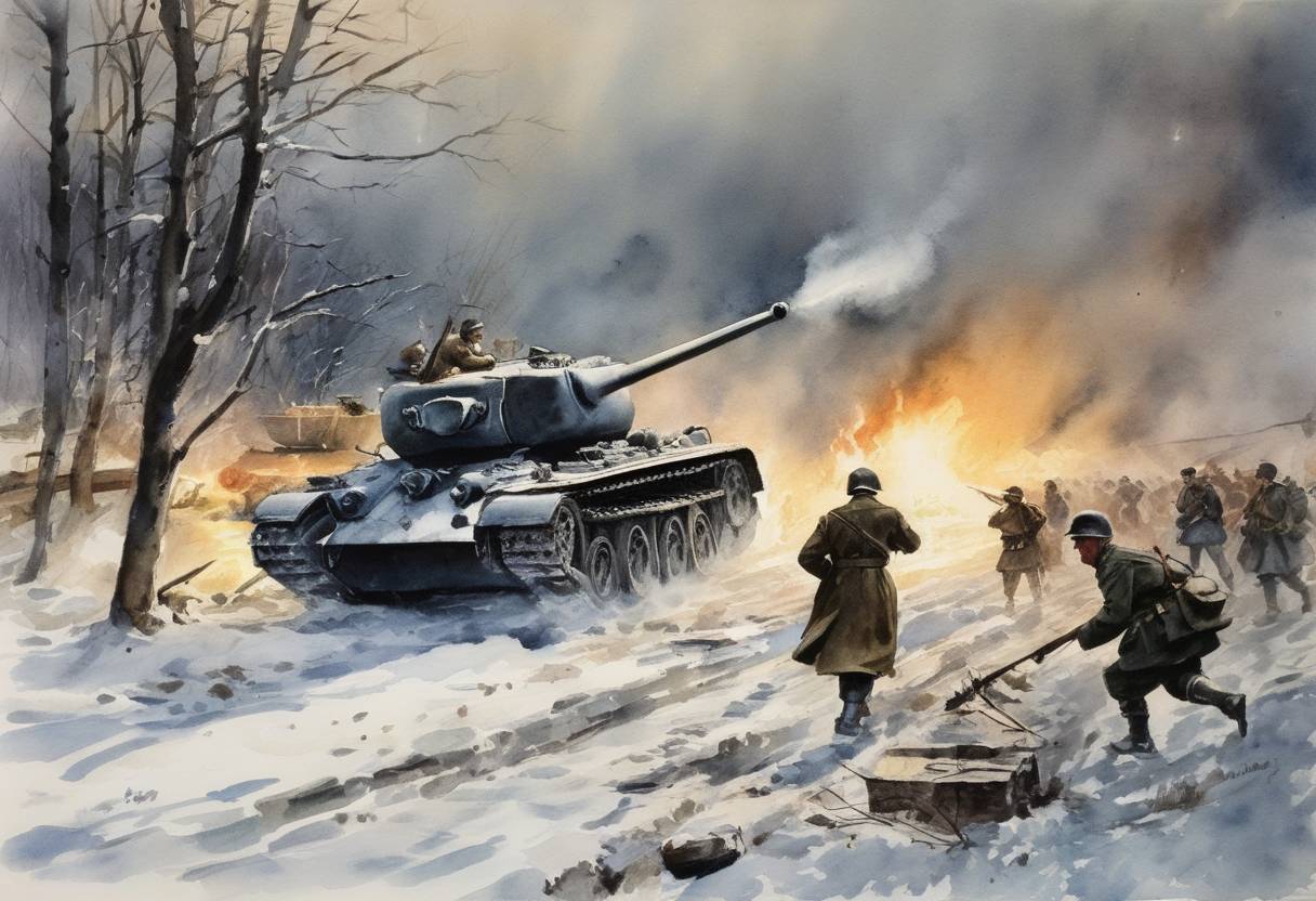 Watercolor painting based depiction of World War II: The Third Battle of Kharkov ends in a German victory. This battle on the Eastern Front was a counteroffensive undertaken by the German Army Group South against the Red Army, demonstrating the pendulum-like nature of battles on this front. (1943)