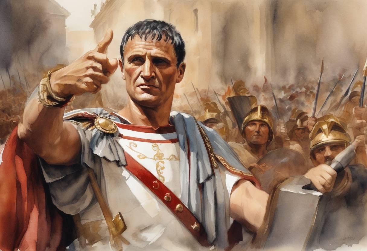 Watercolor painting based depiction of Germanicus Julius Caesar, a prominent general of the Roman Empire, triumphantly concluded his campaign against the Germanic tribes, consolidating Roman influence in the region. He celebrated this achievement by being honored with a triumph in Rome. (15)