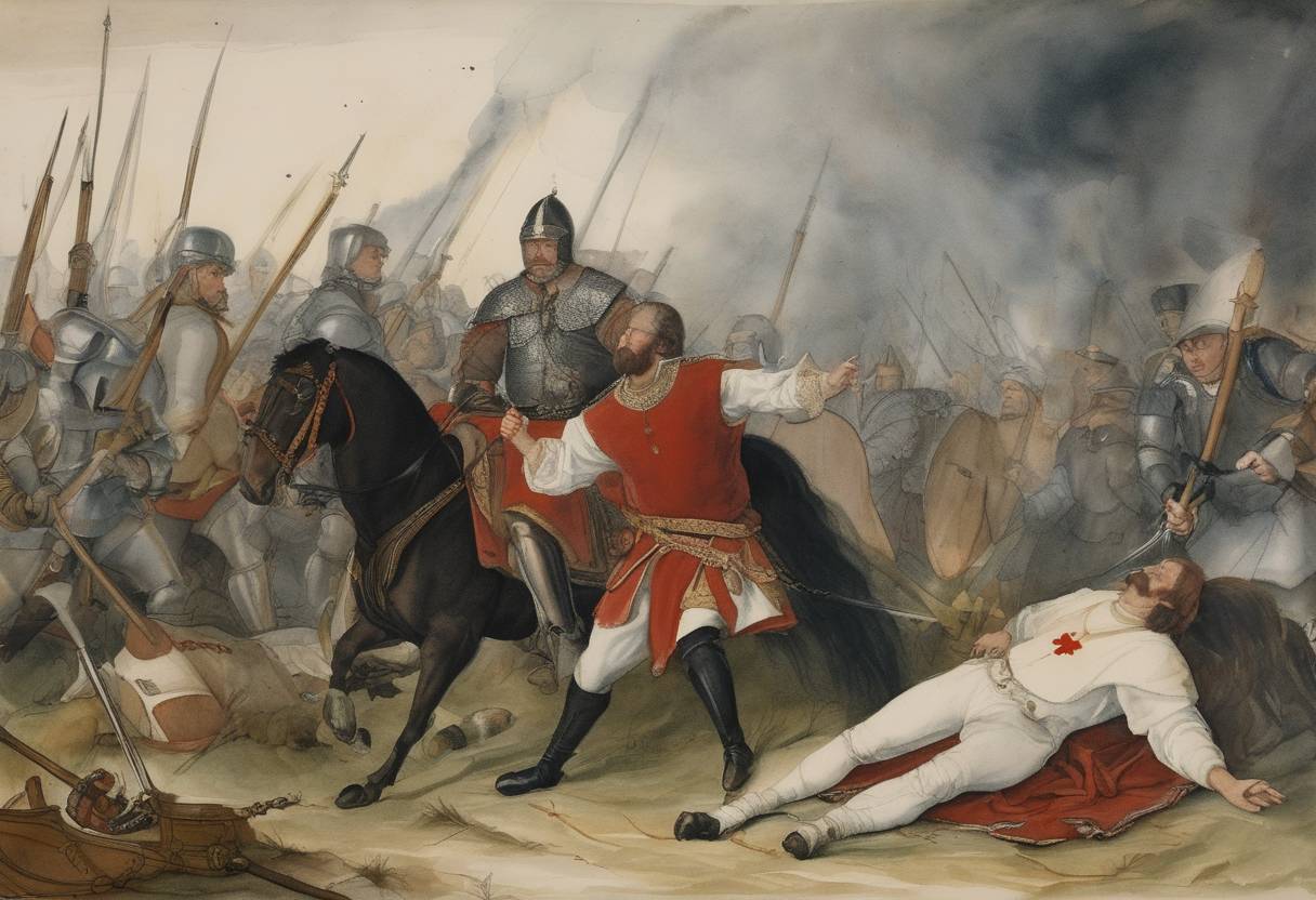 Watercolor painting based depiction of Sten Sture the Younger, the Regent of Sweden, was mortally wounded at the Battle of Bogesund, a key conflict in Sweden's independence struggle against the Danish-dominated Kalmar Union. (1520)