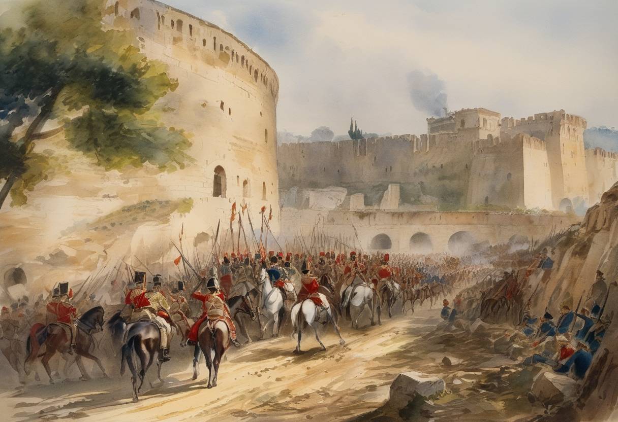 Watercolor painting based depiction of The French army under Marshall Bugeaud bombarded the citadel of Rome, which had been under the control of the Roman Republic. This event was part of French intervention in the Italian unification process and led to the restoration of Pope Pius IX's temporal power. (1849)