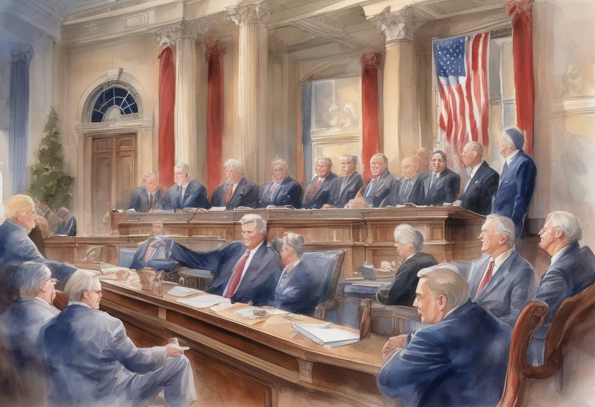 Watercolor painting based depiction of The Republican Party wins control of both the House of Representatives and the Senate for the first time in 40 years in the United States midterm elections. (1994)