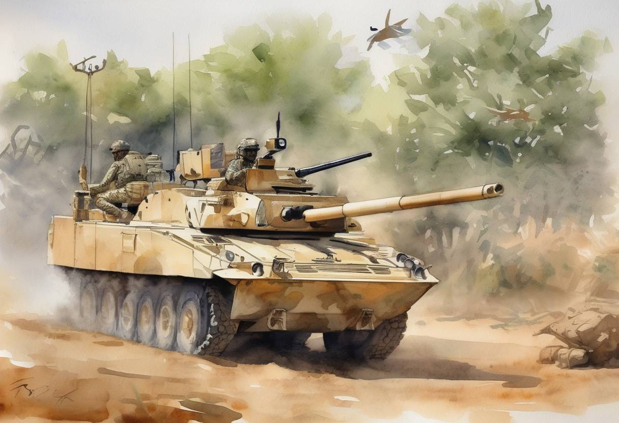 Watercolor painting based depiction of The French military launched Operation Serval, an intervention in Mali to combat Islamist militants in the northern part of the country. (2013)