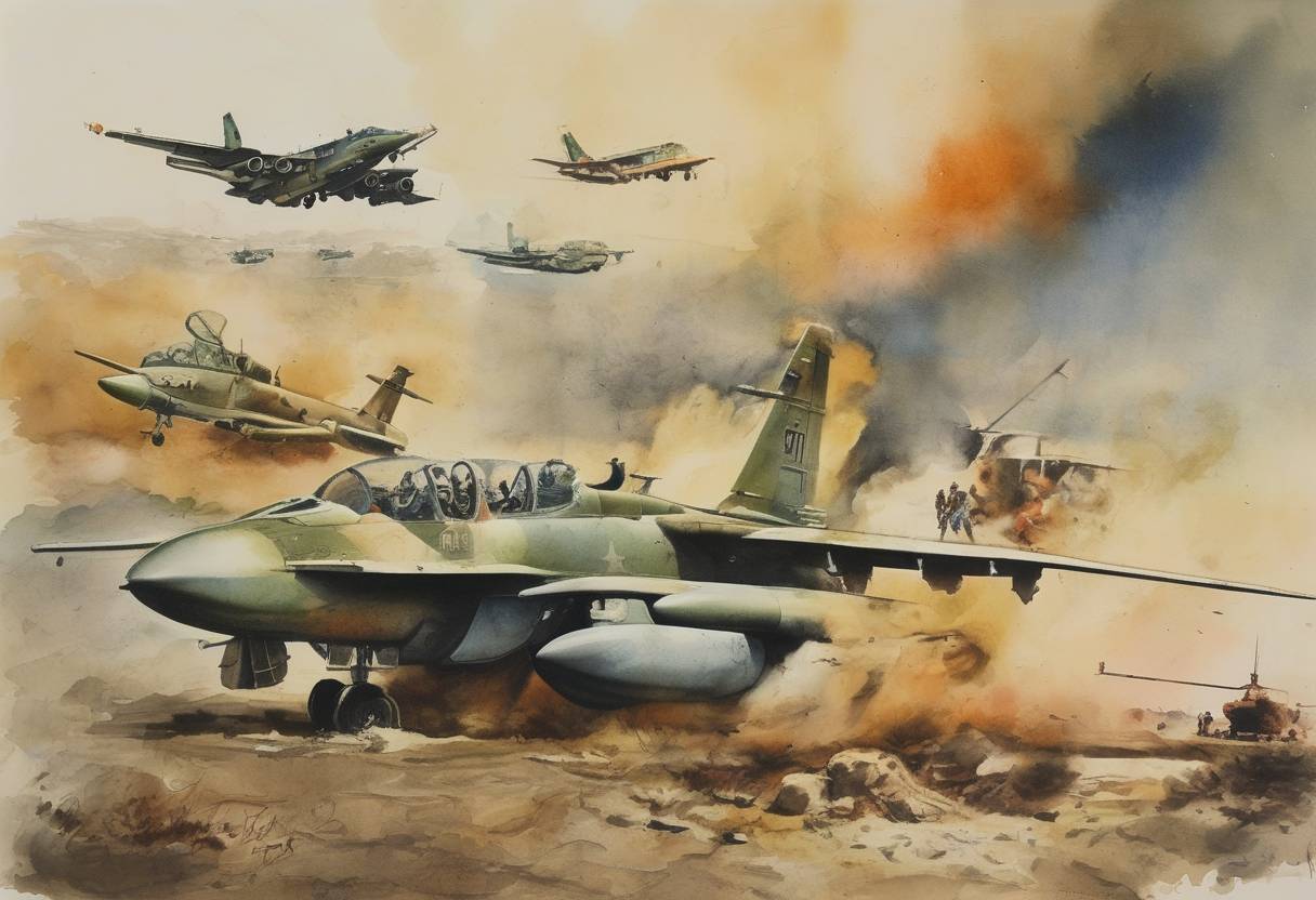 Watercolor painting based depiction of The Indo-Pakistani War of 1971 begins with Pakistan launching preemptive air strikes on 11 Indian airbases. (1971)