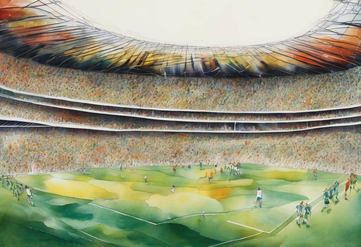 Watercolor painting based depiction of The first African-hosted FIFA World Cup kicked off in South Africa, marking a significant moment in sports history and cultural exchange. The opening match was played between South Africa and Mexico at Soccer City in Johannesburg. (2010)
