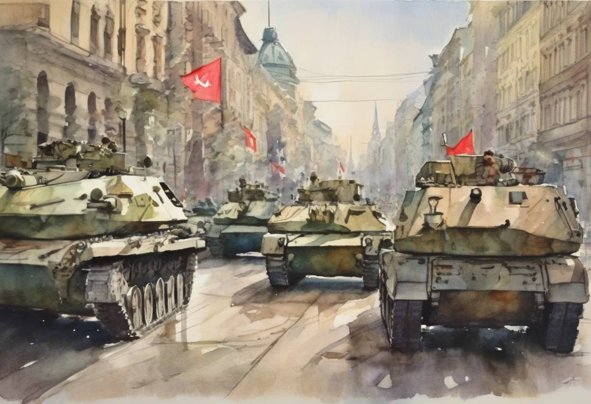 Watercolor painting based depiction of The Warsaw Pact, a military alliance of communist nations in Eastern Europe, was declared disbanded at a meeting in Hungary. (1991)