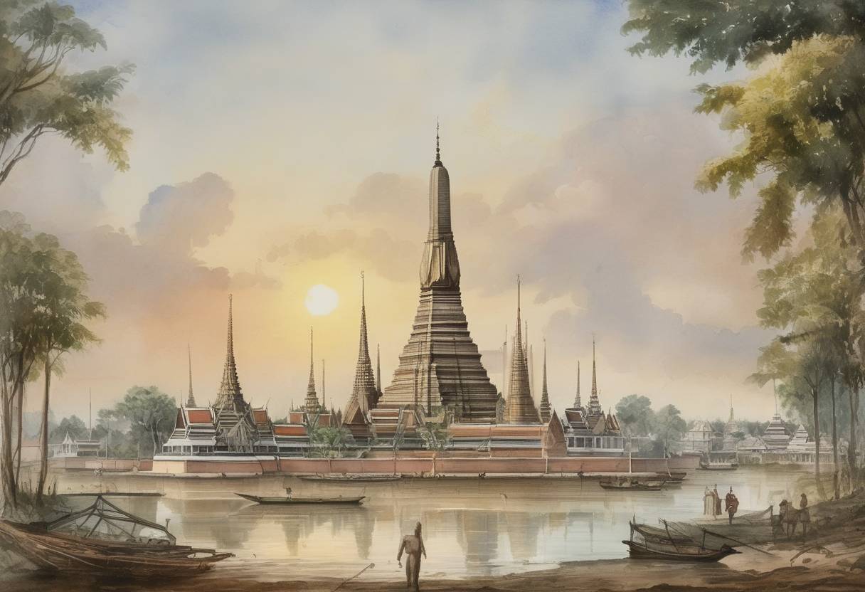Watercolor painting based depiction of The city of Rattanakosin, now known as Bangkok, was founded as the capital of the Kingdom of Siam (modern-day Thailand). (1782)