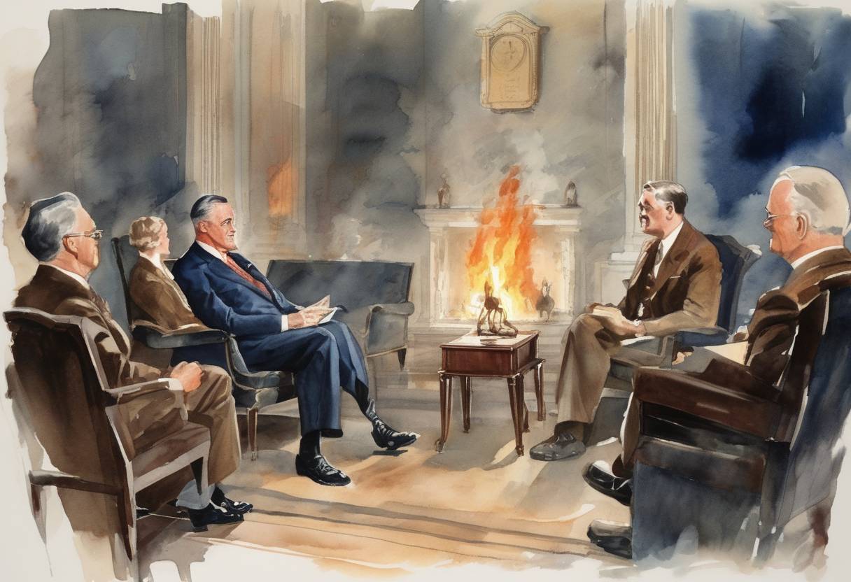Watercolor painting based depiction of Franklin D. Roosevelt delivers his first 'Fireside Chat' to the American public, explaining the banking crisis. (1933)