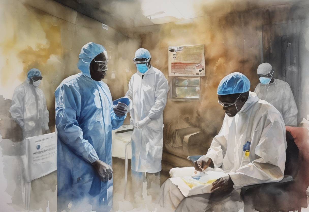 Watercolor painting based depiction of The first case of Ebola was diagnosed in the United States. Thomas Eric Duncan, a Liberian national, was diagnosed with the virus in Dallas, Texas, marking a significant moment in the global Ebola outbreak that began in West Africa in 2014. (2014)