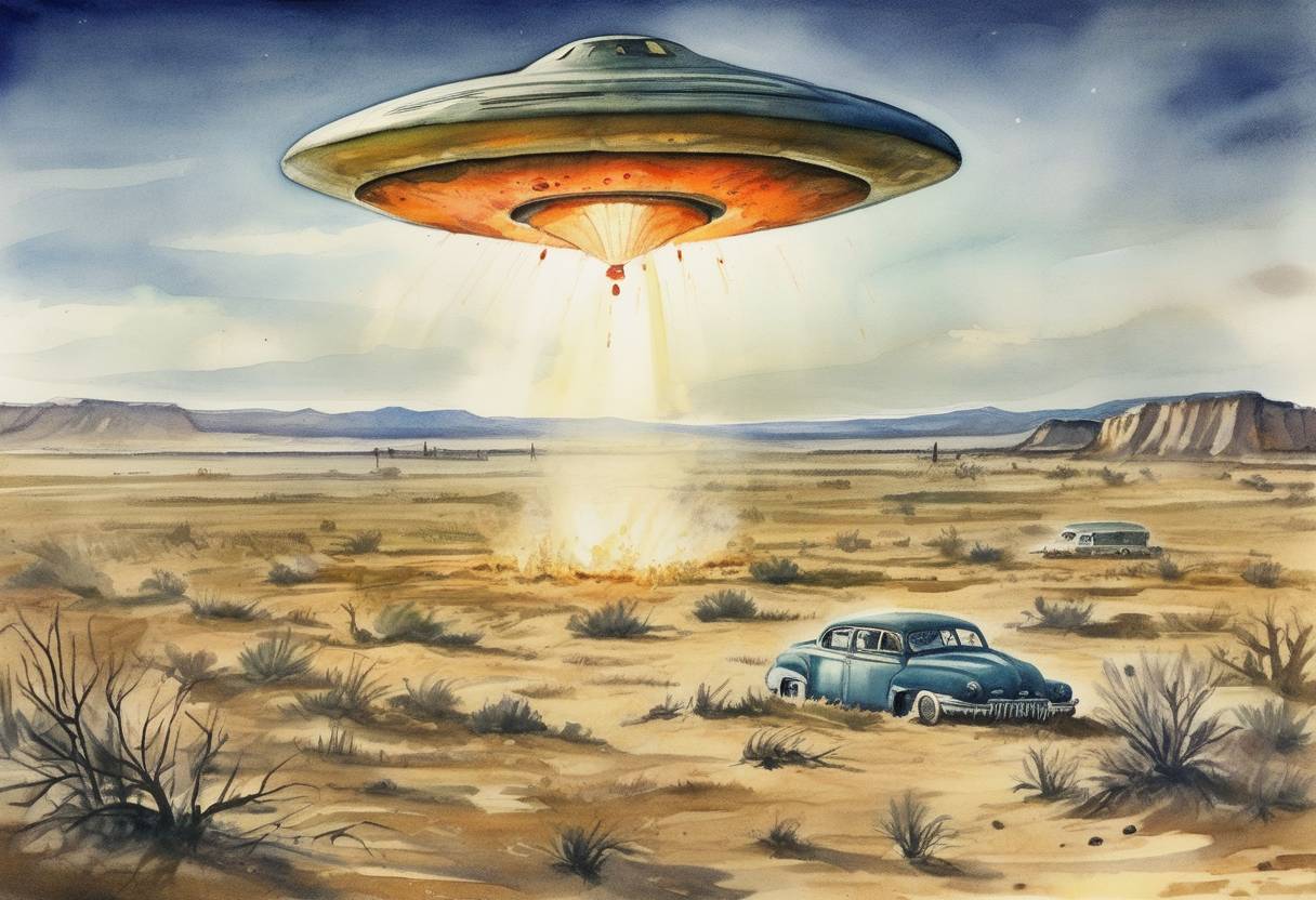 Watercolor painting based depiction of Reports of a UFO crash in Roswell, New Mexico, spark widespread interest and conspiracy theories. (1947)