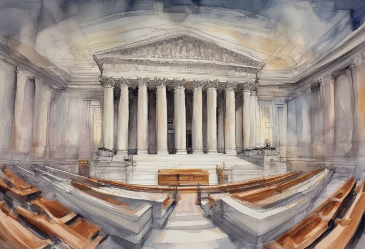 Watercolor painting based depiction of The United States Supreme Court ruled in Glossip v. Gross that the use of midazolam in lethal injections does not violate the Eighth Amendment's prohibition of cruel and unusual punishment. (2015)