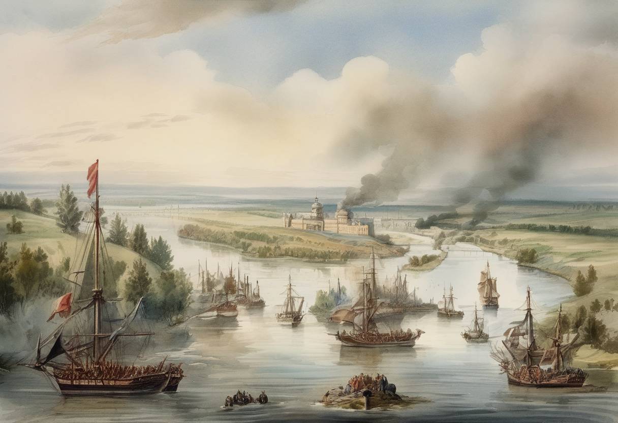 Watercolor painting based depiction of Napoleon Bonaparte's Grande Armée crossed the Neman River, beginning the French invasion of Russia, which would ultimately lead to a disastrous retreat. (1812)